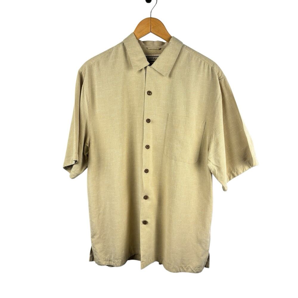 Jamaica Jaxx Silk Textured Beige Button Down Short Sleeve Wooden Buttons M
